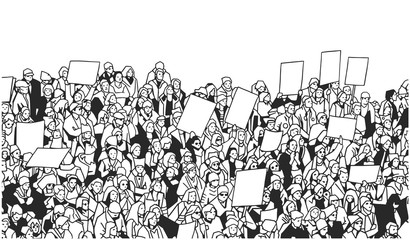 Black and white illustration of large crowd protest with blank signs