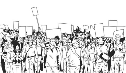Black and white illustration of large crowd protest with blank signs - obrazy, fototapety, plakaty