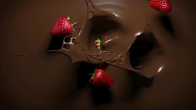 Strawberries fall into melted chocolate