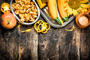 Organic food. Fresh mushrooms with vegetables.