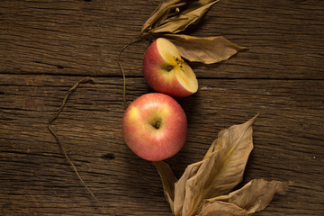 apple on old wooden. morning