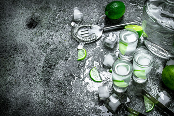 Vodka with pieces of lime and ice cubes.