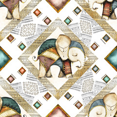 Naadloze patroon, tegel met aquarel illustratie - Indische olifant, geometrische. Dierlijk, etnisch. tribale sieraad. Kan worden gebruikt voor textiel, prints. Uitstekende achtergrond.