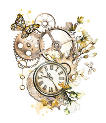 steam punk watercolor Illustration with wildflowers, keys, clockwork,  jewelry, clock, butterfly, Flowers. tattoo style. Illustration isolated on white background. Vintage print.