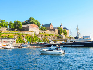 View of the Oslo Harbour and Akershus Fortress. - obrazy, fototapety, plakaty