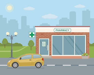 Fototapeta na wymiar Facade pharmacy store and yellow car on city background. Flat style, vector illustration. 