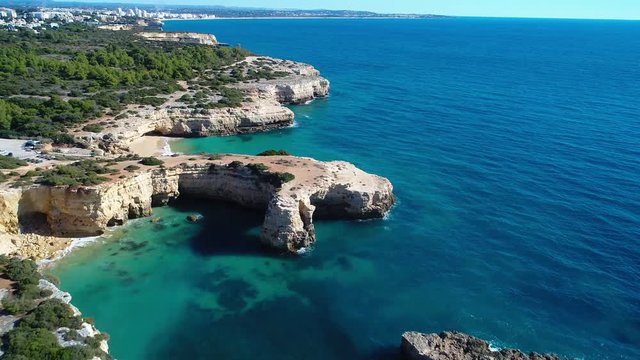 Aerial view of the beautiful Albandeira Beach in Algarve, Portugal.