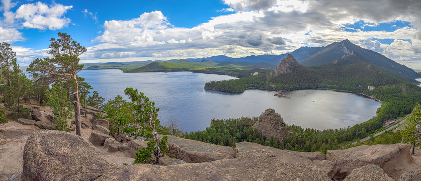 Panoramic view from the mountain top of Lake Borovoye. Kazakhstan