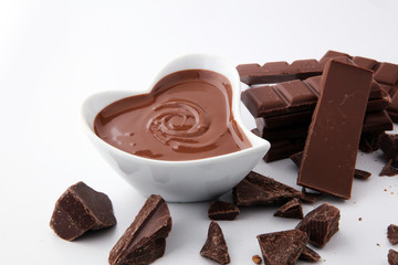 Melting chocolate or melted chocolate and chocolate swirl. stack and powder.