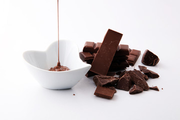 Melting chocolate or melted chocolate and chocolate swirl. stack and powder.