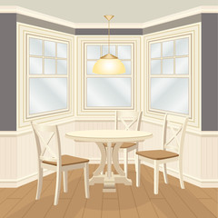 Bay window dinning group with round table and chairs.  Wooden furnishing and home decor - window frames and panels. Vector illustration 3d cartoon style