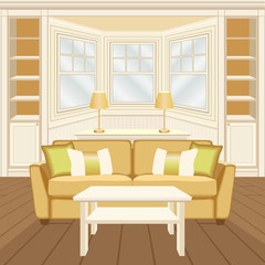 Traditional interior in beige color gamut. Living room with oriel, book cases, sofa and coffee table. Vector illustration 3d cartoon style