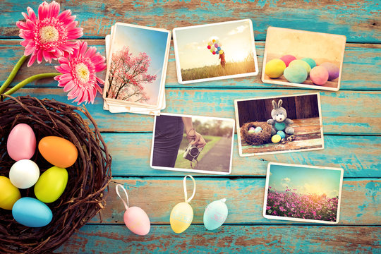 Photo album in remembrance and nostalgia of Happy easter day on wood table  backgroud. Holiday in spring season. vintage and retro style, top view