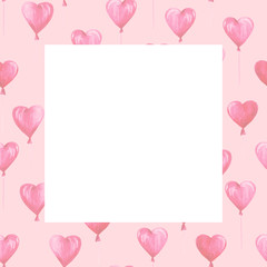 Watercolor St Valentines Day frame. Romantic pink hearts. For card, design, print or background