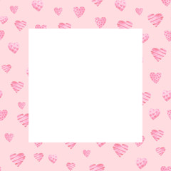 Watercolor St Valentines Day frame. Romantic pink hearts. For card, design, print or background