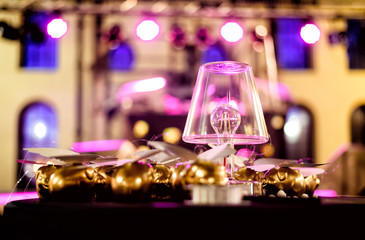 Lamps with LED bulb on the desk, gold decoratives behind the lamp
