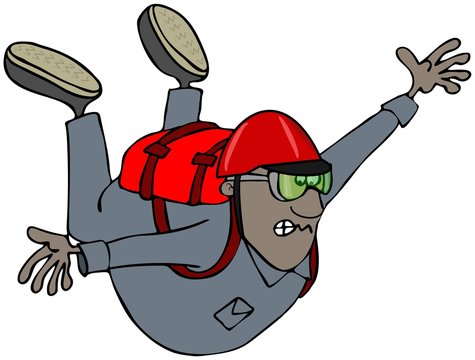 Illustration of a black man free falling with his parachute packed on his back.