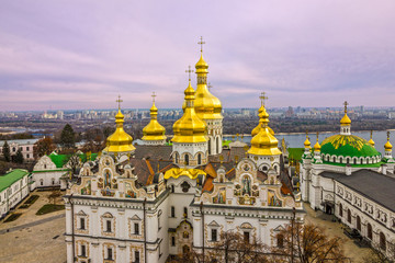 Fototapeta na wymiar Kiev, Ukraine. Cupolas of Pechersk Lavra Monastery and river Dniepr panoramic city view