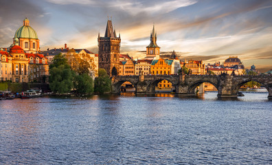 Fototapeta premium Prague city sunset view, Czech Republic. Panoramic view on Charles bridge