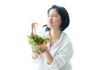 Asian woman hating salad vegetable diet food