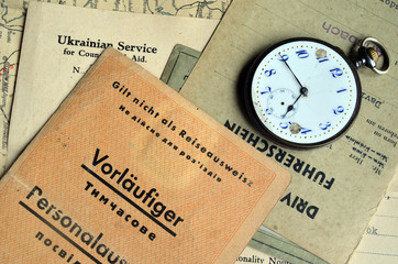 Russian vintage watch. Documents of Ukrainian Eastern workers in Germany of WWII and US occupation...