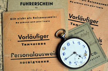 Russian vintage watch. Documents of Ukrainian Eastern workers in Germany of WWII and US occupation...
