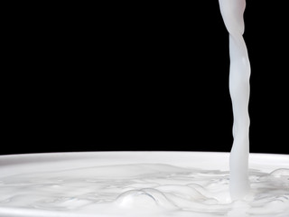 Splash of milk from a cup on black background.