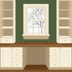 Fototapeta na wymiar Traditional home office bay window. White table with wooden table board. Classic window frame, view on snowcovered winter landscape with bare tree. Cosy nook for work, reading and relaxation