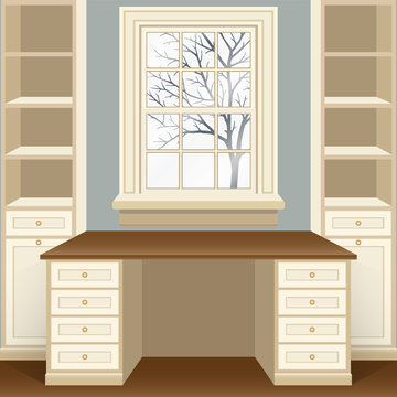Traditional home office bay window. White table with wooden table board. Classic window frame, view on snowcovered winter landscape with bare tree. Cosy nook for work, reading and relaxation
