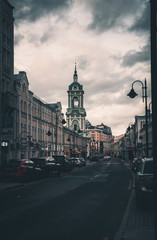 View to green bell tower on Pyatnitskaya street in Moscow city center