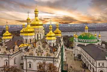 Fototapeta na wymiar Kiev, Ukraine. Cupolas of Pechersk Lavra Monastery and river Dniepr panoramic city view
