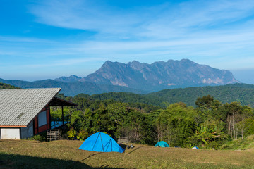 Fototapeta na wymiar Beautiful campsite with Doi Luang Chiang Dao Mountain in Chiang Mai province Thailand. The second highest mountain in Northern Thailand