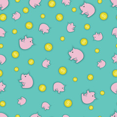 an illustration consisting of coins and piggy banks in the form of a seamless pattern