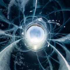Cracks on blue ice of Lake Baikal from Olkhon. Spherical 360 panorama little planet