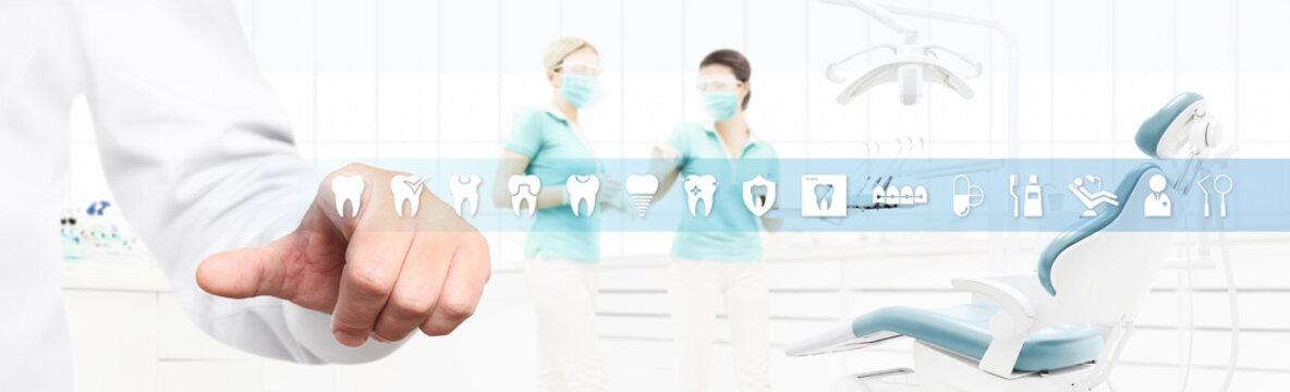 dentist hand touch screen teeth icons and symbols on dental clinic with dentist's chair background web banner template