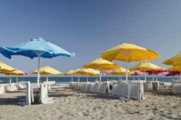Colorful Beach Umbrellas against the blue sky