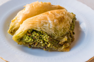 Turkish Dessert Sobiyet Baklava with Pistachio / Fistikli Baklava.