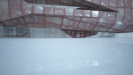 Empty abstract room interior of sheets rusted metal and beige concrete. Architectural background. 3D illustration and rendering