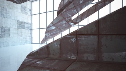 Empty abstract room interior of sheets rusted metal and beige concrete. Architectural background. 3D illustration and rendering