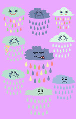 Lovely cute clouds, kawaii style. Set of Emoticons, Emoji. Smile icons. Isolated vector illustration