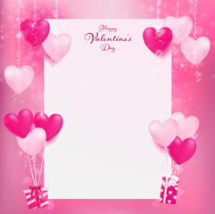 white empty paper for sweet decoration, heart decors hang on top and balloon hearts holding sweet gifts on bottom ,artwork contain pastel colors and magic shapes are dropping from decor objects.