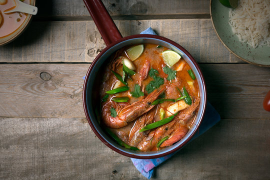 Traditional Thai soup Tom Yam in a pot