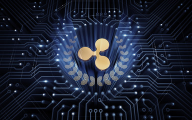 Digital Ripple. Symbol of Ripple coin in electronic cyberspace. 3D rendering graphics on the subject of 'Cryptocurrency Technologies'.