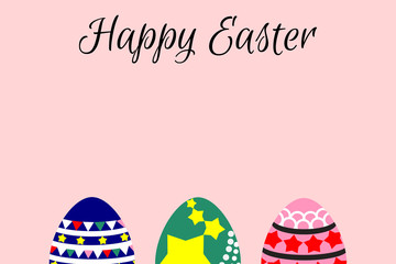 Illustration of a flat design cartoon vector, Easter eggs, on pink background. Spring and Easter- related time. Picture with copy space for print, greeting card or graphic design.