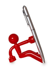 Red figure of a man holding a magnet, the metal ball-point pen.