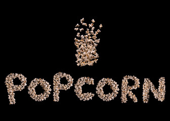 The word popcorn on a black background