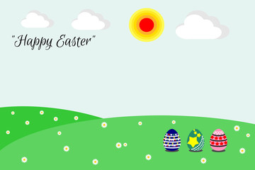 Illustration of a flat design cartoon vector. Landscape of grass fields, flower and Easter egg. Spring and Easter- related time. Picture with copy space for print, greeting card or graphic design.