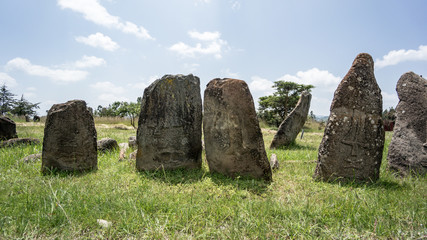 Tiya, Ethiopia - September 2017: Megalithic Tiya stone pillars, a UNESCO World Heritage Site