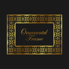 Vintage ornamental golden frame. Luxury elegant ornament. Flourished border. Element for brochures. Template for design. Vector illustration