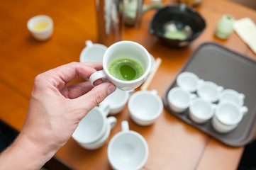 A cup of matcha green tea. Japanese.